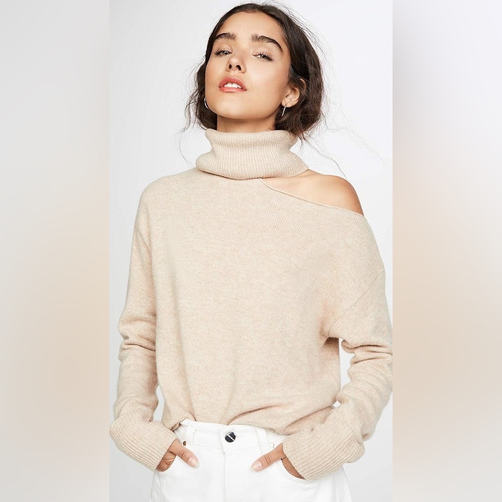 PAIGE Raundi Womens Wool Blend  Turtleneck Sweater‎ Cut Out Shoulder Sz S Cream